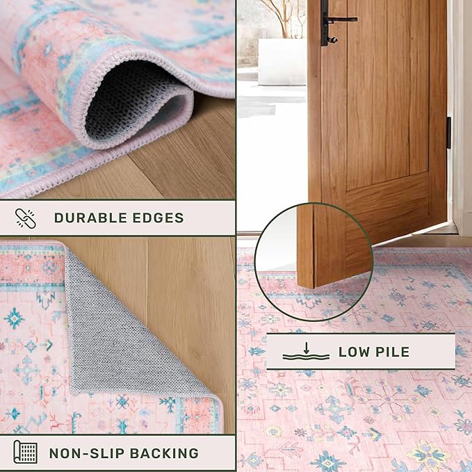 Washable Pink and Blue 7x10 Oushak Rugs for Bedroom Girls Dorm Living Room, Modern Floral Aethestic Distressed Design, Soft Low Pile Non Slip Stain Resistance Carpet