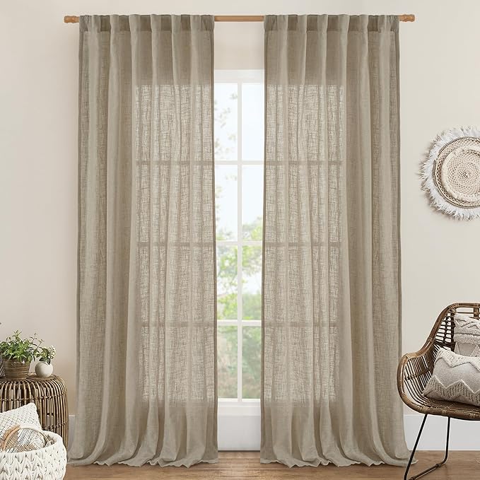 LAMIT 95 Inches Long Linen Curtains for Living Room, Back Tab and Rod Pocket Semi Sheer Curtains Light Filtering Farmhouse Drapes for Bedroom/Dining Room, Taupe, Set of 2, 52 x 95 Inch