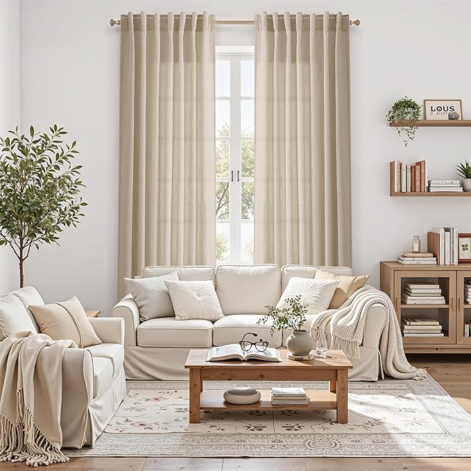 Eggshell Beige Linen Curtains for Living Room 94 Inches Long Light Filtering Semi Sheer Curtain Back Tab Rustic Farmhouse Decor Burlap Luxury Boho Drapes for Bedroom Dinner Room 52x94, 2 Panels