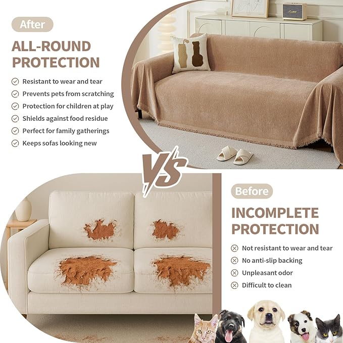 Couch Cover for Dogs, Boho Sofa Covers for 3 Cushion Couch, Chenille Sofa Slipcover for Pets Washable, L-Shape Sectional Couch Cover Soft Throw Blankets with Tassels(91x118,Khaki)
