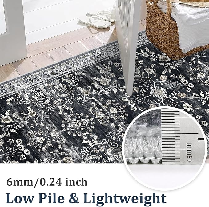 Yamaziot Washable Runner Rug 2x8 – Non Slip Boho Floral Hallway Runner Rug with Rubber Backing, Low Pile Faux Wool Distressed Carpet for Kitchen, Laundry, Bedroom, Entrance, Navy/Black