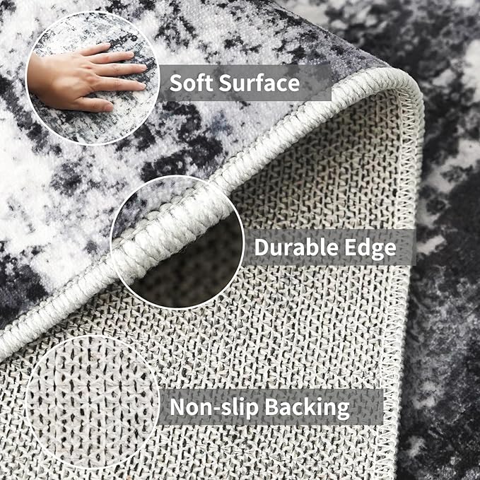 3x12 Washable Runner Rugs for Hallway: Long Abstract Runners for Entryway Bedroom - Stain and Water Resistant Rugs with Non-Slip Backing - Soft Low-Pile Carpet Black Grey