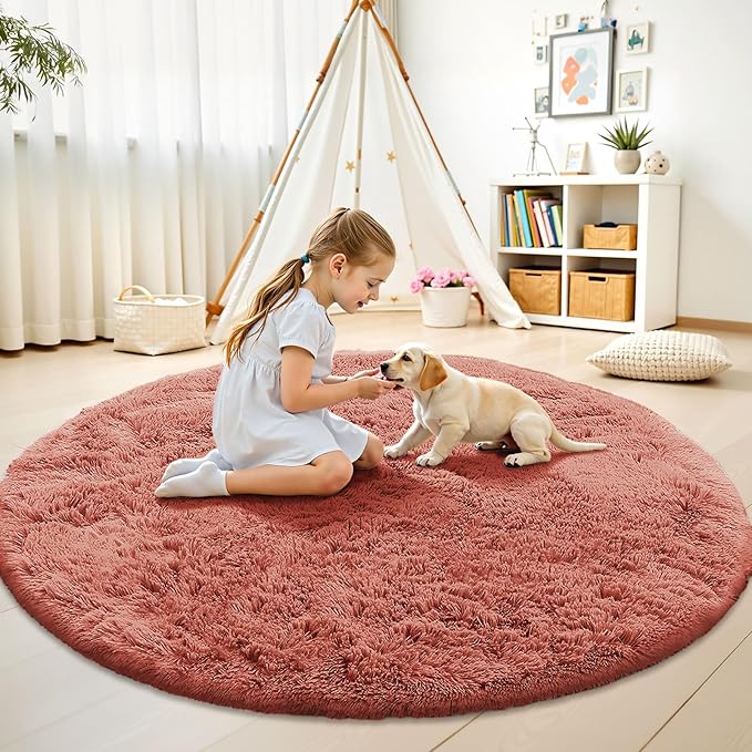 OLANLY Rust Red Round Rugs for Bedroom - Machine Washable, 7 ft Circle Area Rugs for Living Room, Soft and Fluffy Shaggy Carpet for Teen Girl and Boys, Nursery Rooms, Dorms, Home Decor Aesthetic