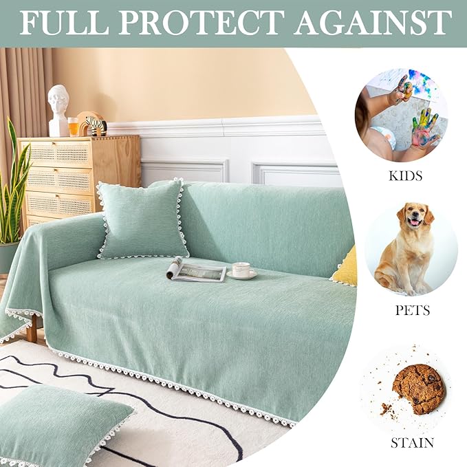 HANDONTIME Light Green Couch Covers for 3 Cushion Couch Sofa Cute Sofa Covers Chenille Couch Cover for Dogs Sectional Sofa L Shape Futon Couch (71" X134", Green)