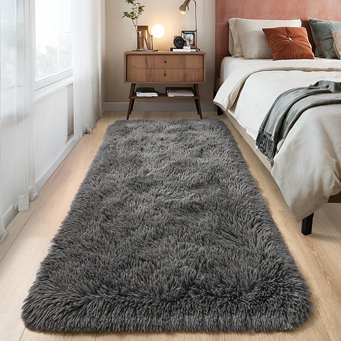 Tepook Fluffy Runner Rugs for Bedroom Aesthetic 2x6 Feet, Shag Soft Bedside Rug with Non-Slip Bottom, Fuzzy Plush Carpet for Room, Hallway Rug for Nursery Dorm Indoor Home Decor, Dark Grey