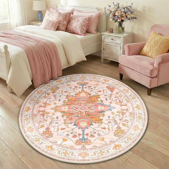 RELEANY Area Rugs 4ft Washable Non-Slip, Floral Vintage Distress Print Pattern Medallion Carpet for Living Room Bedroom Dining Room, Light Pink Colorful