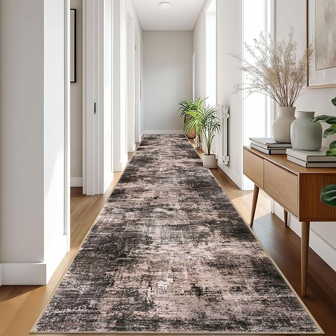 IOHOUZE Abstract Runner Rug 3x18 Ft Washable Runners for Hallways, Non Slip Kitchen Runner Printed Faux Wool Entryway Runner Indoor, Modern Abstract Floor Carpet for Hall Stair, Brown/Rust