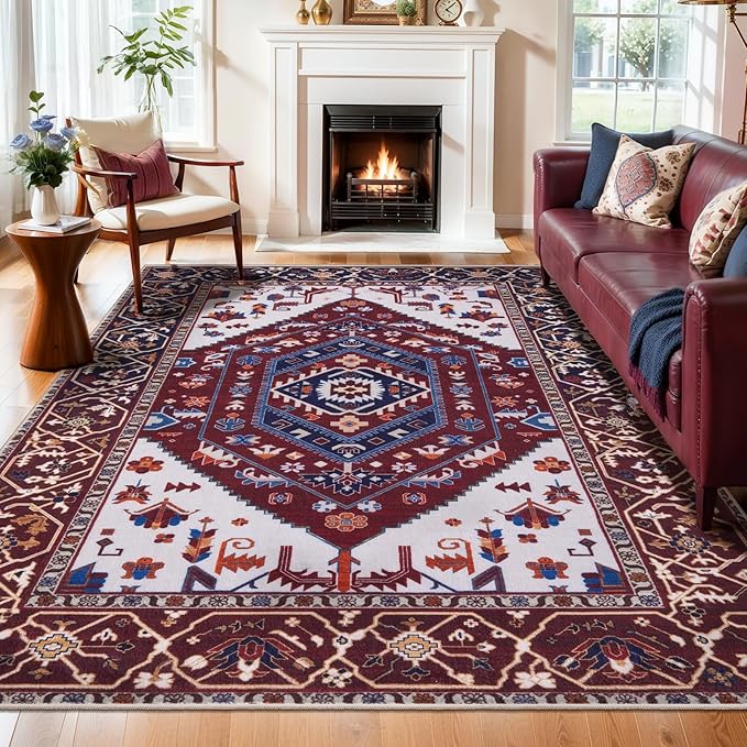 SERISSA 6x9 Area Rugs for Living Room, Large Washable Non-Slip Boho Rug, Ultra Soft Vintage Burgundy Navy Oriental Tribal Print Distressed Carpet for Dining Room Bedroom Dorm Office Home Decor