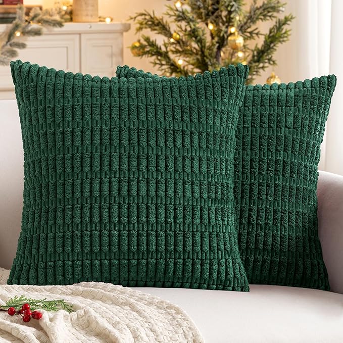 MIULEE Pack of 2 Dark Green Corduroy Decorative Euro Sham Pillow Covers 24x24 Inch Soft Boho Striped Throw Pillow Covers Modern Farmhouse Home Decor for Sofa Living Room Couch Bed