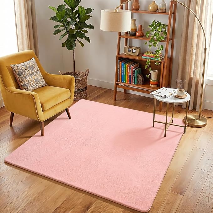 Amearea 4x4 Square Area Rugs for Bedroom Living Room, Modern Pink Thickened Memory Foam Rug, Fluffy Indoor Washable Rug Non Slip Minimalist Carpet for Entryway Kids Boys Girls Dorm Nursery Room Decor
