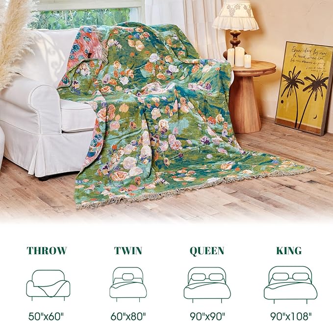 MSGKV Boho Throw Blanket for Couch Cotton Floral Blanket 50"x60" for Sofa Chair Throws Muslin Spring Breathable Lightweight Farmhouse Blankets Home Decor All Seasons