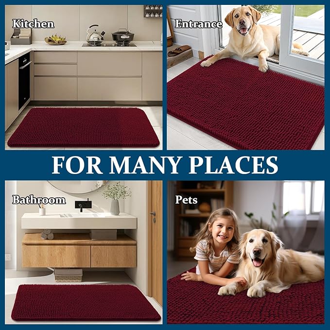 OLANLY Dog Door Mat for Muddy Paws 44x24, Absorbs Moisture and Dirt, Absorbent Non-Slip Washable Doormat, Quick Dry Chenille Mud Mat for Dogs, Entry Indoor Entryway Carpet for Inside Floor, Burgundy