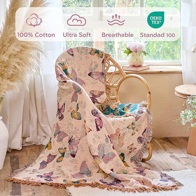 MSGKV Boho Throw Blanket for Couch Cotton Butterfly Blanket 50"x60" Sofa Chair Blankets All Seasons Muslin Spring Breathable Lightweight Farmhouse Blankets Home Decor