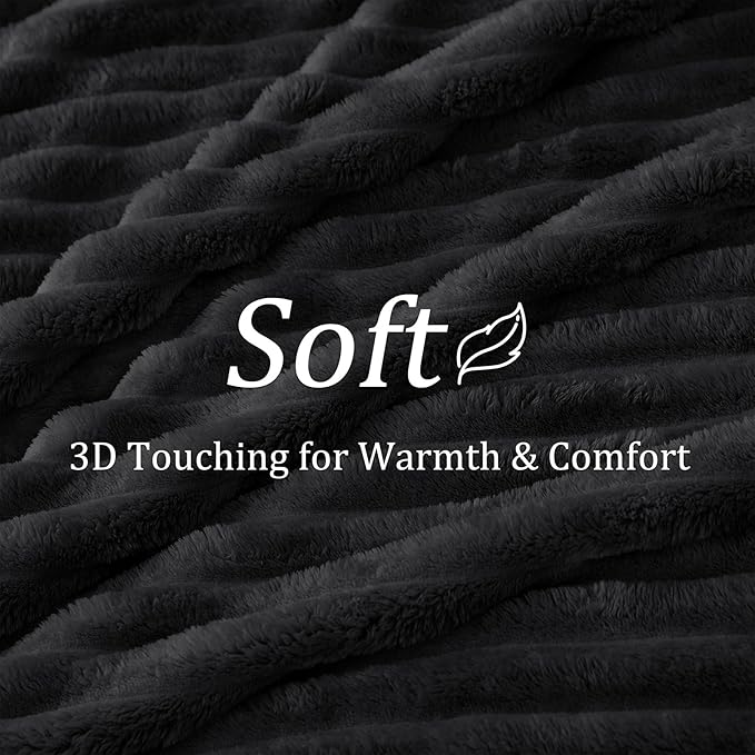 BEDELITE Fleece Throw Blanket for Couch - 300GSM Soft & Warm Fluffy Black Blanket, Decorative and Giftable Striped Blankets for Women, Men, 50"x70"