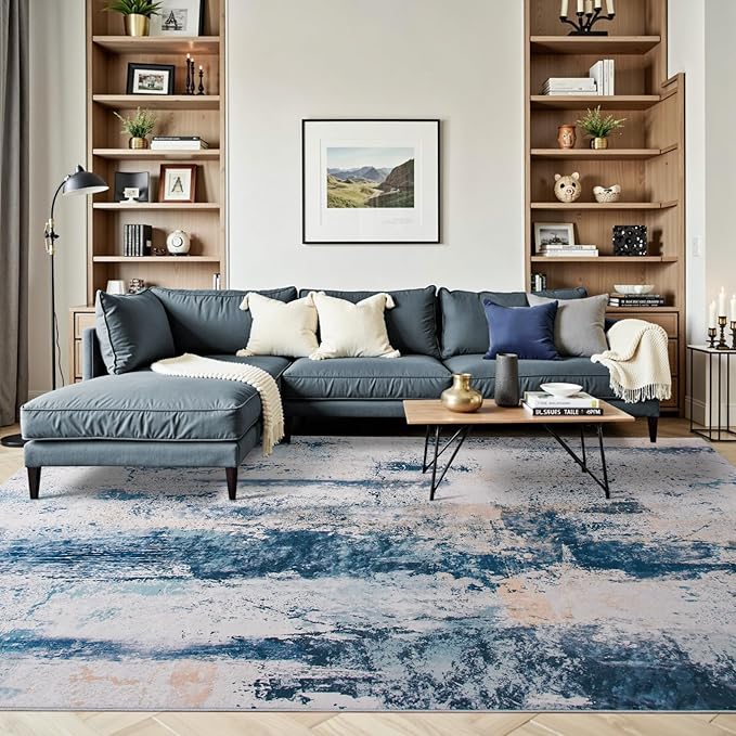 Toneed Abstract Area Rug 5x7 Modern Washable Rug Soft Non Slip Rug Low Pile for Bedroom Living Room Dining Room Dusty Teal Grey