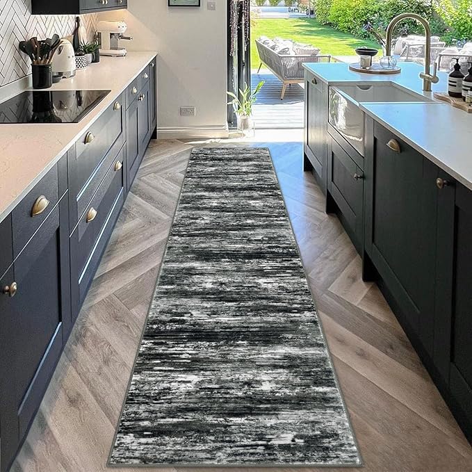 KOZYFLY Modern Abstract Hallway Runner, 2x10 Washable Rug Runner Non-Slip Soft Striped Kitchen Runner Rug, Black Grey Print Carpet for Entryway Bathroom Laundry Room Foyer