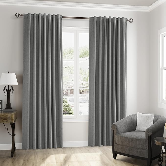 Guken Dark Grey 100% Blackout Linen Curtains 96 Inch Length 2 Panels Set for Living Room Bedroom Back Tab Rod Pocket Thermal Insulated Black Out Drapes Room Darkening Farmhouse Window Curtains,52x96