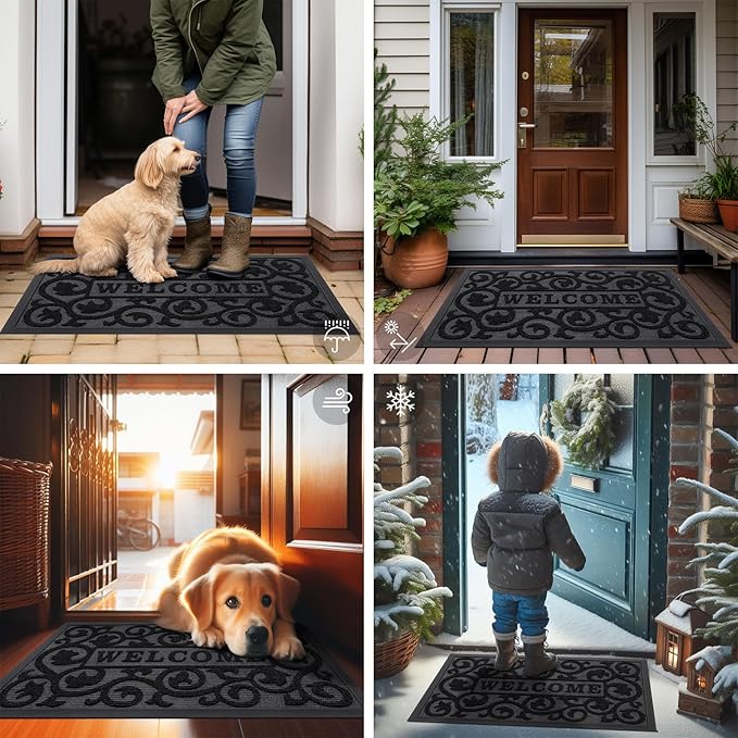 Smiry Welcome Door Mat Outside Entrance, Heavy Duty Trap Dirt and Moisture Easy Clean Low Profile Patio Porch Indoor Outdoor Front Doormat for Entry, 29.5x17 Inch, Black