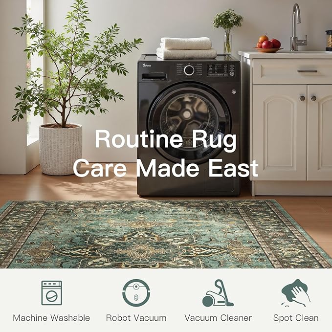 Lofus 6x9 Area Rugs for Living Room, Washable Area Rug, Rugs for Bedroom, Kitchen, Vintage Boho Carpet, Soft Non-Slip, Low Pile Large Area Rug for Office Dining Room, Green