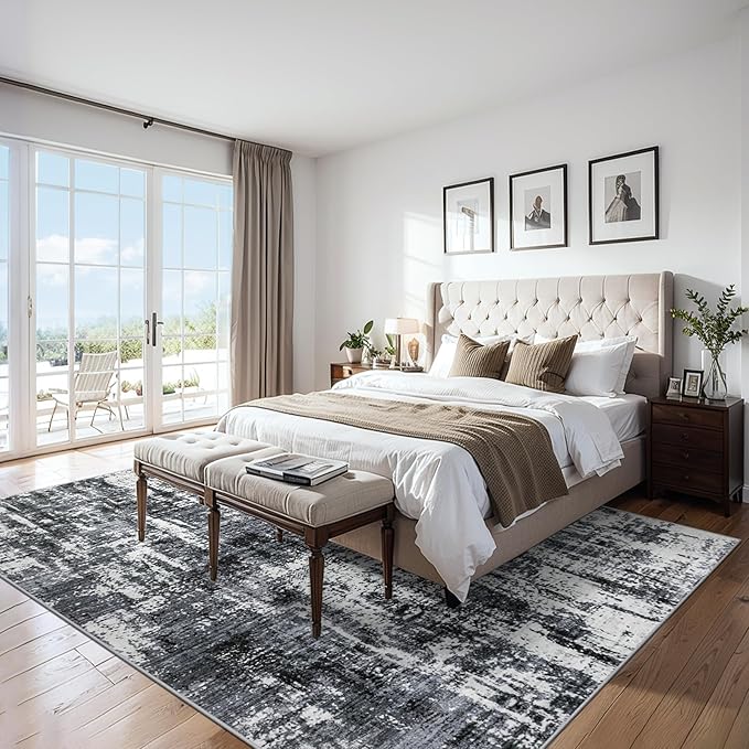 8x10 Area Rugs for Living Room - Washable Rug Modern Abstract Soft Large Neutral Non-Slip Carpet Indoor Floor Thin Carpets for Bedroom Dining Room Farmhouse Nursery Home Office Black