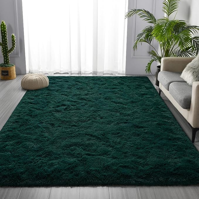 Deerhoo Large Shag Area Rugs 6 x 9, Plush Fuzzy Rugs for Living Room, Ultra Soft Fluffy Furry Rug for Bedroom, Indoor Carpet Nursery Rugs for Kids Room Home Decor, Dark Green