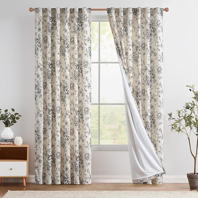 jinchan Lined Linen Blend Curtain Floral Curtains for Living Room 90 Inches Long Black Peony Flower Printed Curtain Back Tab Farmhouse Patterned Drapes Bedroom Window Curtains Set 2 Panels