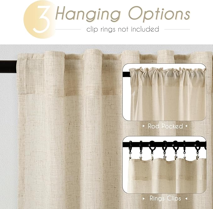 Faux Linen Beige Curtains 98 inches Long for Living Room Rustic Farmhouse Linen Drapes Semi Sheer Burlap Textured Canvas Cloth Curtain Panels Set of 2 Kahki Tan Colored