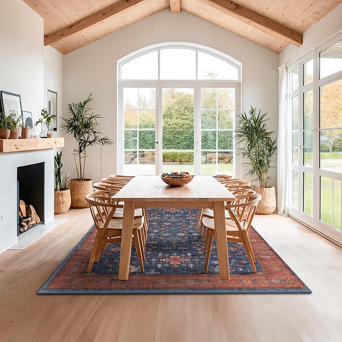 Navy Blue Area Rugs 9x12 Living Room, Dining Room Rugs for Under Table - Washable Low Pile Non-Slip Rugs for Bedroom - Vintage Boho Eclectic Home Decor - Ultra Soft Faux Wool Stain Resistance