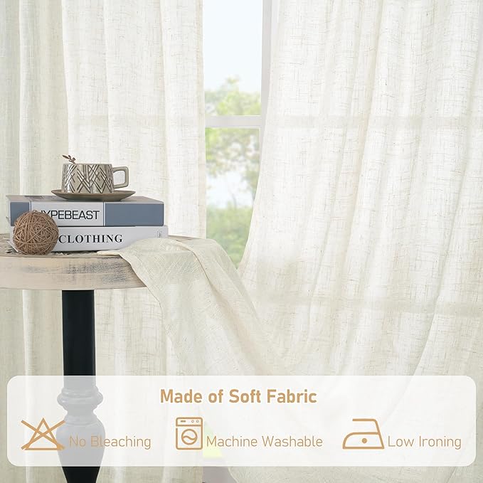 LAMIT Cream Linen Curtains 63 Inch for Bedroom, Light Filtering Neutral Semi Sheer Window Boho Curtains Back Tab and Rod Pocket Panels for Living Room, 2 Panels, 52 x 63 Inch