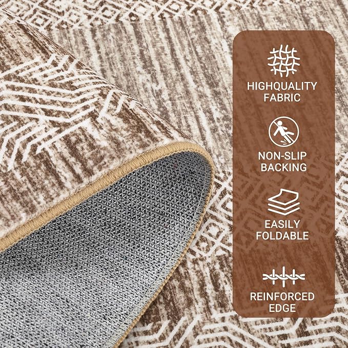 GarveeHome 2x6 Modern Bordered Runner Rug Soft Non Slip Runner Washable Non Shedding Floor Carpet, Distressed Geometric Hallway Runner, Indoor Printed Runner for Kitchen, Entrance, Brown