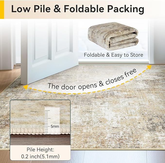 Washable Area Rugs 2'x8' Non-Slip Modern Abstract Soft for Living Room Entryway Bedroom Nursery, Print Pattern, Neutral Brown Gray