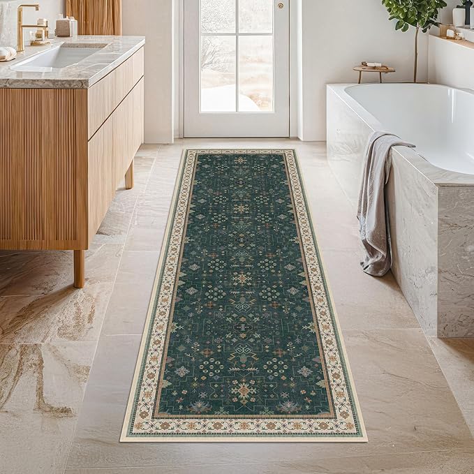 Hazo Haus Dark Green 2x8 Non Slip Kitchen Runner Rugs - Modern Vintage Boho Eclectic Floral Pattern, Washable Low Pile Non-Slip 8ft Long Runner Rugs for Hallway, Entrance