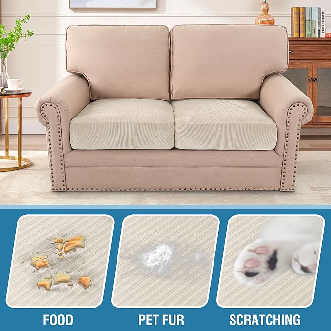 H.VERSAILTEX Velvet Stretch Couch Cushion Cover Plush Cushion Slipcover for Chair Loveseat Sofa Cushion Furniture Protector Seat Cushion Sofa Cover (2 Piece Large Sofa Cushion Covers, Ivory Striped)