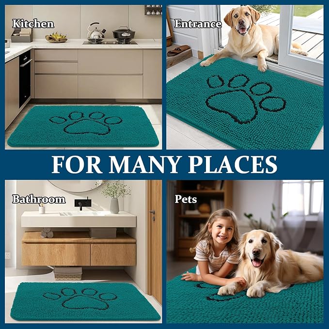 OLANLY Dog Door Mat for Muddy Paws 48x30, Paw Print Design, Absorbs Moisture and Dirt, Absorbent Non-Slip Washable Doormat, Quick Dry Chenille Mud Mat for Dogs, Entry Indoor Entryway Carpet, Lake Blue