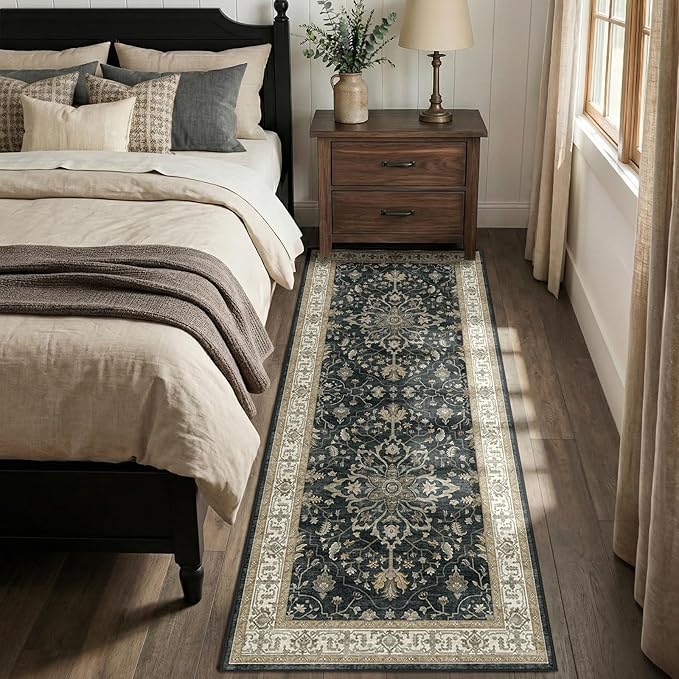 RELEANY Area Rugs 2'x6' Runner Rug Non Slip Washable for Kitchen Hallway Bedroom Beside Laundry Room Bathroom Rug, Floor Carpet, Vintage Black Brown Neutral