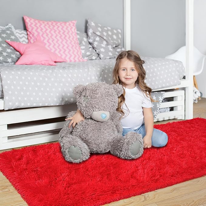 Pionblank Fluffy Runner Rugs for Bedroom 2x6, Modern Shaggy Area Rug for Hallway Living Room, Plush Soft Fuzzy Bedside Carpet for Kids Girls Boys Room Nursery Decor, Red