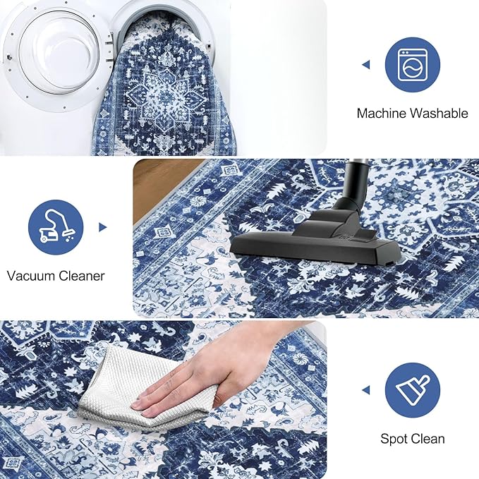 Yamaziot Washable Runner Rug, 2x6 Non-Slip Boho Vintage Hallway Rug Runner with Rubber Backing, Stain Resistant & Low Pile Faux Wool Distressed Carpet Runner for Kitchen, Laundry, Entrance, Blue