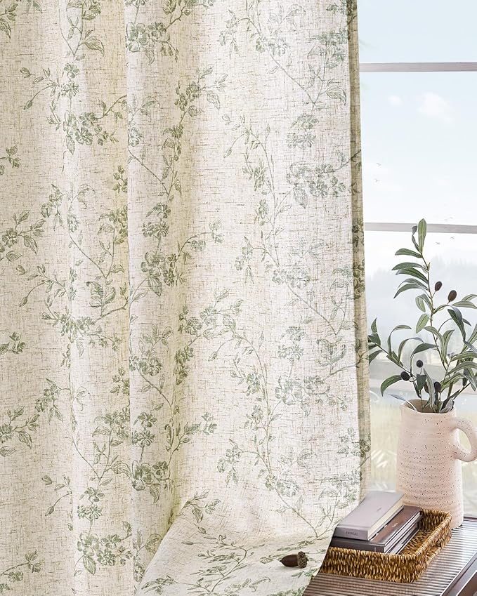 Lazzzy Farmhouse Linen Curtains Extra Long Green Floral Curtains 108 Inch Length Back Tab Drapes for Living Room Bedroom Light Filtering Country Vintage Rod Pocket, 2 Panels, Green on Beige