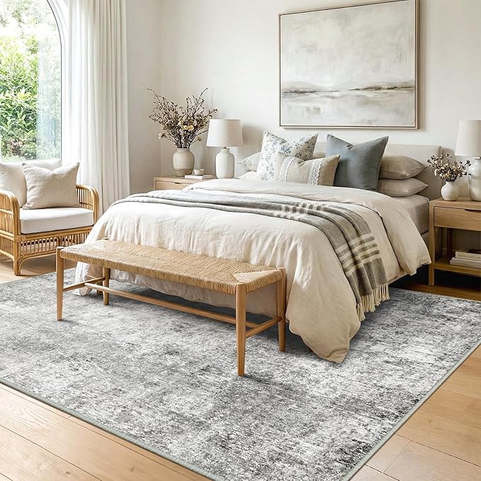 Washable Area Rugs 8'x10' Non-Slip Modern Abstract Soft for Living Room Entryway Bedroom Nursery, Print Pattern, Gray White Grey