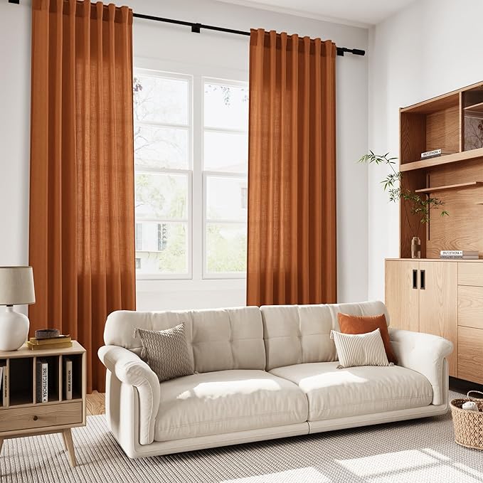 Desert Orange Semi Sheer Curtains 108 Inches for Living Room Back Tab Loop Pocket Large Window Curtain Extra Long Light Filtering Drapes High Ceiling Curtain for Large Window 52x108,2 Panels