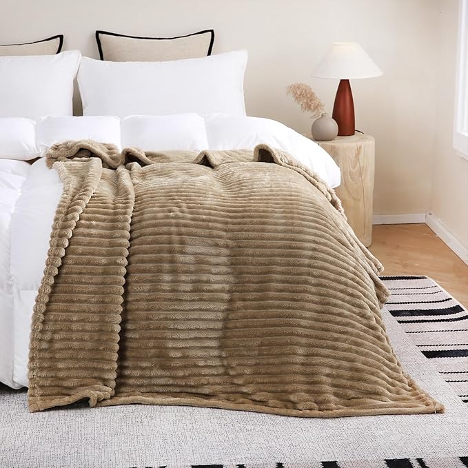 Tan Fleece Throw Blanket 50”×60” for Couch Sofa Bed,Super Soft Cozy Plush Blanket with Stripes Design Lightweight for Adults,Woman,Girls