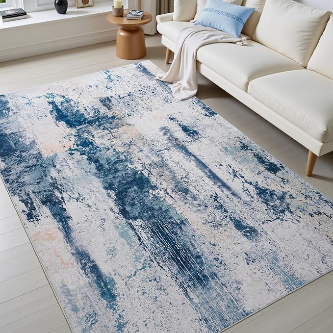 Toneed Abstract Area Rug Modern Washable Rug Soft Non Slip Rug Low Pile for Bedroom Living Room Dining Room Dusty Teal Grey 4x6 Feet