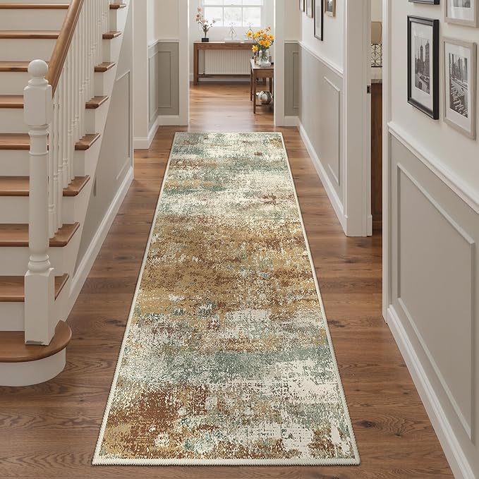 BEIMO Runner Rug for Hallway Kitchen, 2'6"x6' Machine Washable Runners Rug for Entryway, Soft Modern Abstract Throw Rugs, Low Pile Floor Cover with Non Slip Backing, Orange Green