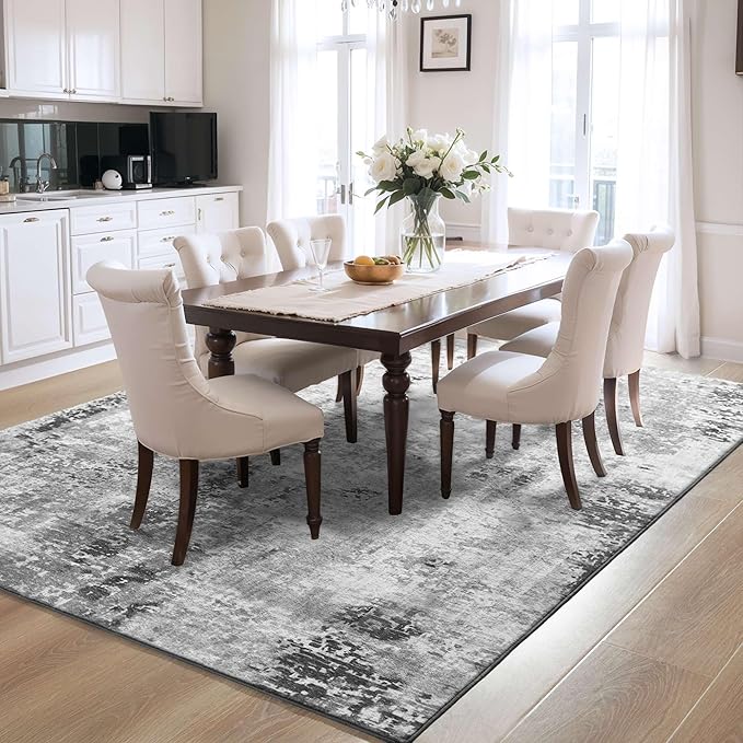Living Room Rug 5x7 Gray Area Rug Machine Washable Boho Rug Non Slip Abstract Vintage Indoor Large Rugs for Bedroom, Classroom, College Dorm, Farmhouse, Dining Room, Kids Playroom