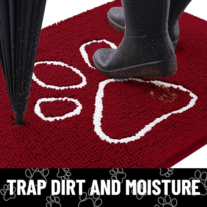 Smiry Dog Door Mat for Muddy Paws, Absorbent Dirt Trapper Non Slip Quick Dry Washable Chenille Mat for Mud Dogs, Entry Rug for Indoor and Outdoor (30x20 Inches, Red and White)