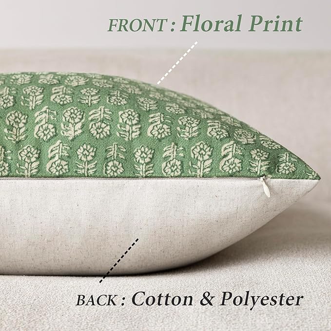 Foindtower Set of 2 Decorative Neutral Floral Print Throw Pillow Covers Vintage Accent Farmhouse Cushion Covers Boho Home Decor For Sofa Chair Couch Bedroom Living Room Outdoor,18×18 Inch,Forest Green
