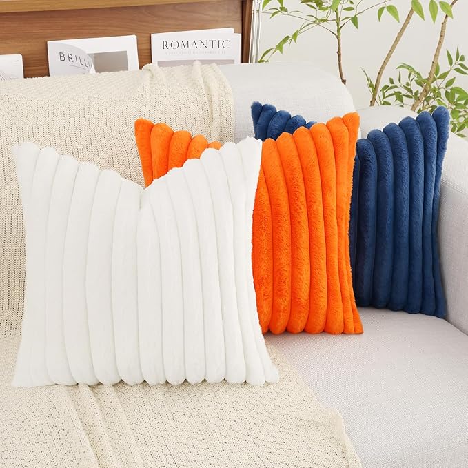 decorUhome Summer Cozy Faux Fur Throw Pillow Covers 20x20 Set of 2 Decorative Soft Plush Striped Modern Farmhouse Boho Couch Pillow Cases with Velvet Back for Sofa Bed Living Room, White