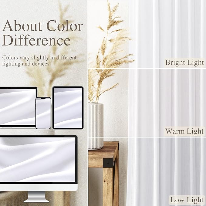 Nanspring Snow White Linen Curtains 96 Inches Long for Living Room Light Filtering Semi Sheer Curtain Back Tab Luxury Neutral Coastal Modern Farmhouse Decor Drapes for Bedroom Office 52x96, 2 Panels