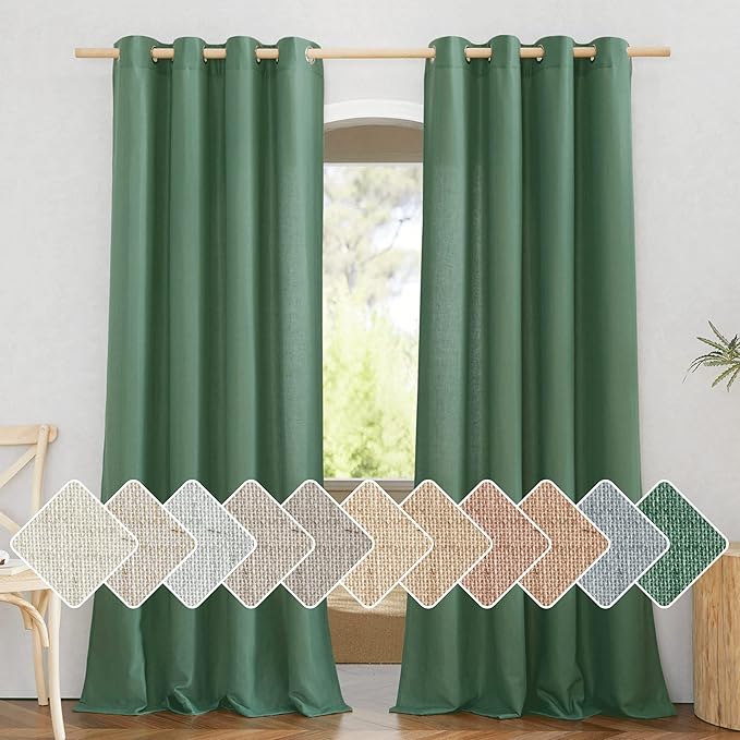 NICETOWN Olive Green Curtains 84 inch Length 2 Panels, Grommet Linen Blend Privacy Added Thick Flax Boho-Chic Light Filtering Semi Sheer Window Drapes for Home Office/Living Room, W55 x L84