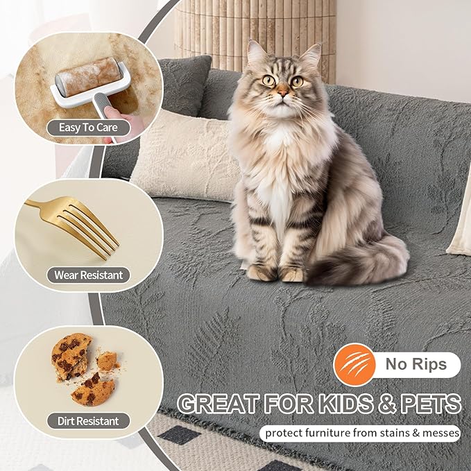 HANDONTIME Washable Couch Covers for Sofa Boho Couch Covers for 3 Cushion Sofa Pet Friendly Grey Chenille Jacquard Couch Protector for Dogs Plant Branch Sectional Cover Sofa Slipcovers, 71" X 134"